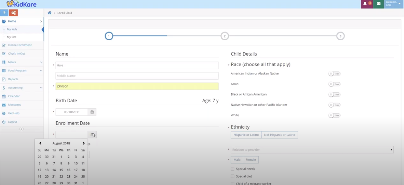 screenshot of KidKare Food Program